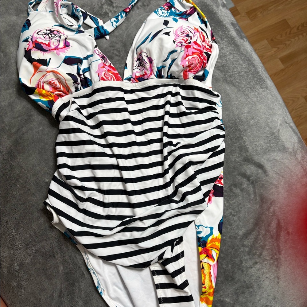 NWT Striped Multicolor CupShe Tummy Control Swimsuit